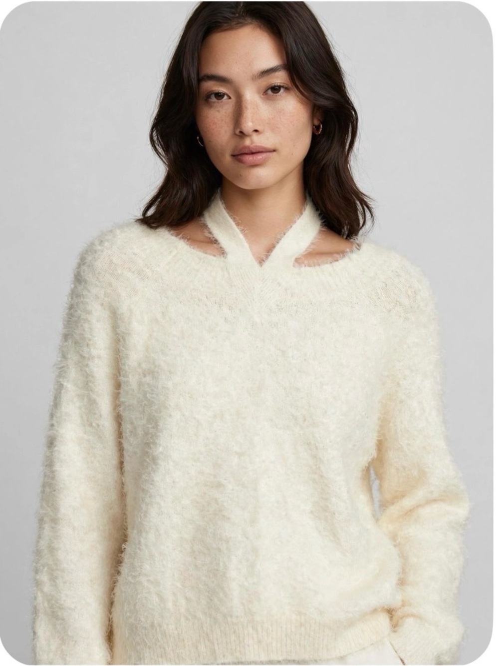 Express Cozy Women’s Cream Fuzzy Sweater with Neck Wrap
